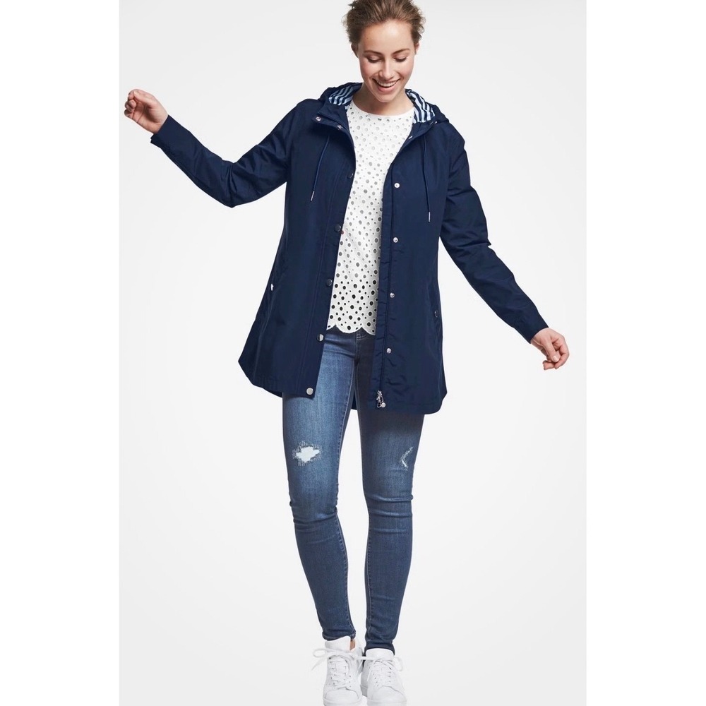 Ellos Womens Navy Blue Hooded Raincoat Striped Lining Drawstring Size 24
